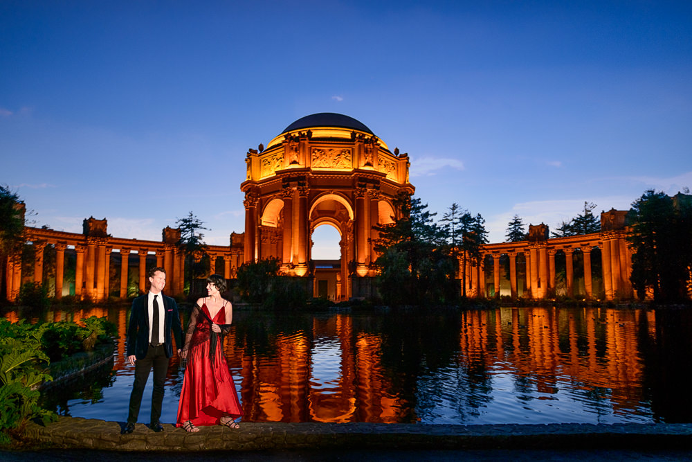 Natalie and Crockett looking at each other at the Epic Couple's Session at Palace of Fine Arts in San Francisco | Lazzat Photography