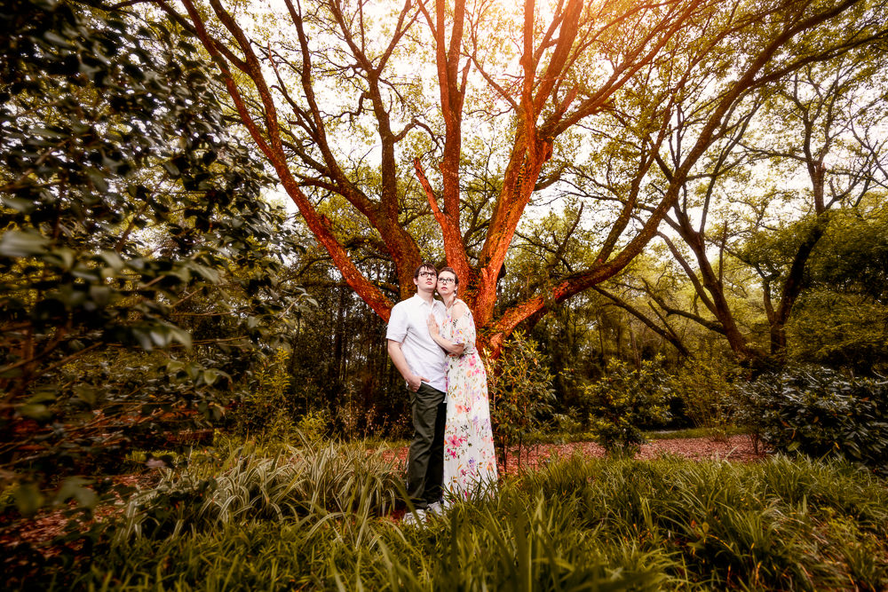 Couple looking up in front of a epic red tree, Beautiful Mobile Botanical Gardens Engagement Session, Lazzat Photography
